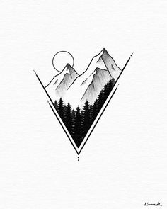 mountains and trees are depicted in the shape of a triangle