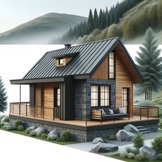 a small cabin style house with a porch and balcony