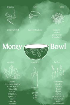 Money bowl. 💸💵💶💷💴🤑💰🧧#money #moneybowl #spellwork #witch #babywitch #spiritual #spirituality #spiritualawakening #prosperity #wealth #wealthbuilding #abundance #abundancemindset #rich #richmindset #candles #rice #incense #incensesticks #crystals #citrine #jade #emerald #tigerseye #selenite #malachite #amethyst #pyrite #green #gold #white #candles #herbs #chamomile #cinnamon #basil #thyme #candelaria #comfrey #mullein #tea #mint #allspice #nutmeg #orangepeel #cloves Money Witch Spells, Money Spell Herbs, Simmer Pot For Money, Money Symbols Witchcraft, Money Spell Bowl, Money Bowl Ingredients, Herbs For Abundance And Prosperity, Herbs For Wealth, Money Bowl Witchcraft