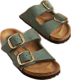 Classic Slip-on Footbed Sandals With Cork-bed Midsoles, Casual Double Strap Footbed Sandals With Leather Sole, Slip-on Sandals With Buckle Closure And Cork Material, Casual Slides With Buckle Closure Made Of Cork, Casual Cork Footbed Sandals With Buckle Closure, Casual Adjustable Leather Sole Footbed Sandals, Casual Adjustable Footbed Sandals With Leather Sole, Casual Cork Double Strap Footbed Sandals, Birkenstock Arizona Big Buckle