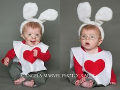 two babies dressed up in bunny ears and red heart shirts