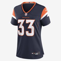 Rep one of your team's top stars with this Denver Broncos Jersey. Proper ventilation and a form fit help provide a dry, comfortable wear with the authentic look of the on-field uniform. Navy Jersey For Sports Events, Navy Sports Jersey For Sports Season, Sporty Navy Tops For Team Events, Navy Tops With Team Name For Team Events, Navy Tops With Team Logo For Team Events, Navy Tops For Team Events, Nike Navy Sports Tops, Fitted Sports Tops With Team Logo, Nike Navy Tops Team Spirit