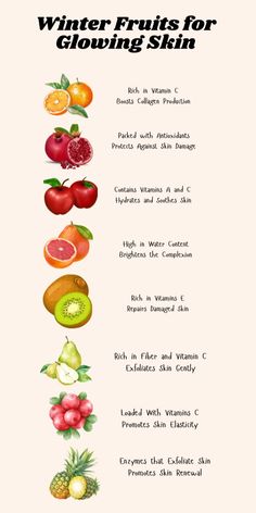 Want that glowing skin even in the cold winter months?  Top winter fruits for glowing skin that will hydrate, brighten, and rejuvenate your skin! Packed with Vitamin C, antioxidants, and natural hydration, these fruits are your secret weapon to glowing, youthful skin. Say goodbye to dull, dry winter skin with these beauty-boosting fruits! #WinterGlow #SkinCareTips #GlowingSkin #BeautyHacks #WinterFruits #HealthySkin #NaturalGlow #SkinCareRoutine #DIYSkincare #NaturalSkin Fruits For Glowing Skin, Winter Fruits, Food For Glowing Skin, Natural Hydration, Healthy Hormones, Winter Fruit, Fruit Benefits, Dry Winter Skin, Winter Skin