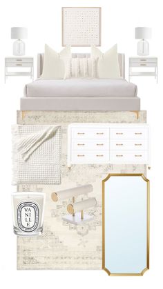 a white bedroom with gold accents and neutrals on the walls, bedding, mirror, lamps, dresser