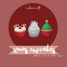 three cupcakes with christmas decorations on them and the words xmas cupcakes