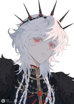 an anime character with long white hair and spiked spikes on his head is staring at the camera