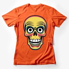 Colorful Skull T-Shirt, Funky Pop Art Style, Men's Women's Unisex Tee, Unique Graphic Design Top, Gift Idea Female T-Shirt Custom graphic T-Shirt.Customize your color Graphic Tee T-shirt With Skull Screen Print, Skull Screen Print Graphic Tee, Fun Fan Merchandise T-shirt With Front Print, Fun Skull Print Crew Neck T-shirt, Multicolor Skull Print Crew Neck Top, Orange Graphic Design T-shirt For Streetwear, Orange Graphic T-shirt For Streetwear, Novelty Crew Neck Shirt With Screen Print, Fan Merchandise Tops With Skull Screen Print