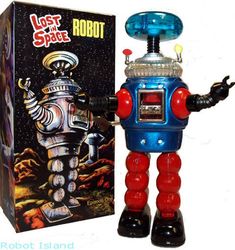 a blue and red robot next to a box