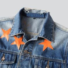 Achieve effortless style with this orange stars vintage denim jacket from our 2023 Spring-Summer Collection! This turn-of-the-century-inspired piece is perfect for those who want to make a statement with their couture choices. The regular fit and buttoned closure make it a enduring design. while the embroidered pattern adds a touch of luxury and glamour.Distinctive Features: Y2K Style: Enjoy the classic. yet fashion look of the Turn-of-the-century style. perfect for any occasion! Embroidered Pat Summer Dark Wash Outerwear With Buttons, Casual Star Print Denim Jacket, Casual Cotton Outerwear With Star Patch, Fall Denim Jacket With Star Patch, Vintage Denim Jacket For Summer Streetwear, Trendy Denim Jacket With Star Print, Casual Star Print Denim Jacket For Spring, Trendy Denim Jacket With Star Print For Spring, Casual Denim Jacket With Star Print