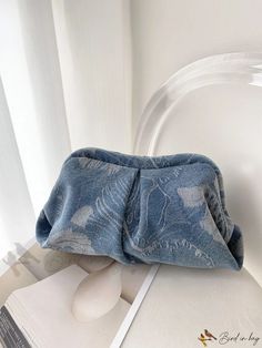 Bird in Bag - Printed Denim Clutch Bag Denim Blue Pouch Bag, Denim Blue Denim Pouch Bag, Trendy Denim Blue Bag For Spring, Casual Spring Pouch For Daily Use, Casual Blue Clutch Bag, Denim Clutch Bags, Metallic Denim, Ruched Bag, Womens Clutch