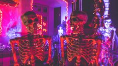 two skeletons in front of a house decorated with christmas lights and the words new blog