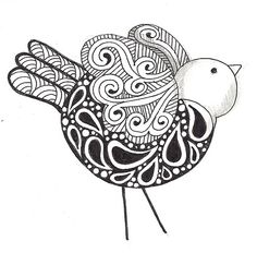 a black and white drawing of a bird with swirls on it's wings