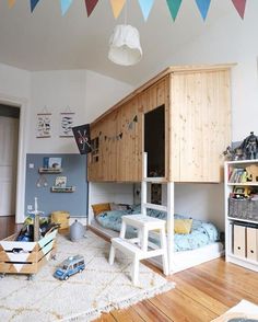 a child's bedroom with bunk beds and toys on the floor in front of it