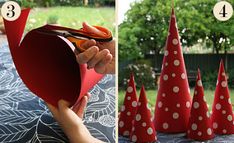 there are three pictures showing how to make paper cone trees