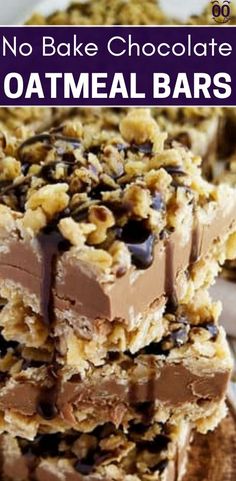 no bake chocolate oatmeal bars are stacked on top of each other