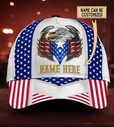 AIO Pride Custom Name White Eagle American Flag - Classic Cap All of our Classic Caps are custom-made-to-order and handcrafted to the highest quality standards. Add style and personality to your hat collection with a custom printed classic cap! Constructed with 100% premium polyester that’s lightweight for maximum comfort and breathability. Classic caps offer great protection from the sun and are perfect for any outdoor activity! Universal Fit: One size fits most with an adjustable snapback clos Customizable Custom Baseball Cap With Curved Bill, Customizable Adjustable Flat Brim Baseball Cap, Custom Baseball Cap With Curved Brim, Aztec Hat, Eagle American Flag, White Eagle, Eagle American, Sweater Hat, America Flag