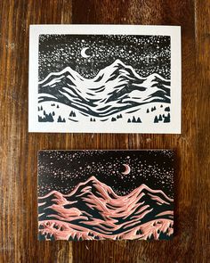 Starry mountains block print by MP Mountainworks on Etsy | relief printing printmaking linocut linoart Speedball mountains stars night sky moon winter landscape mountain trees pretty scene art artwork home decor outdoors outdoorsy 5x7 Linocut Winter Scene, Linocut Prints Mountains, Lino Print Mountains, Mountain Printmaking, Wood Cut Printmaking, Mountain Block Print, Linocut Prints Landscape, Woodcut Prints Printmaking Art, Linoleum Block Print