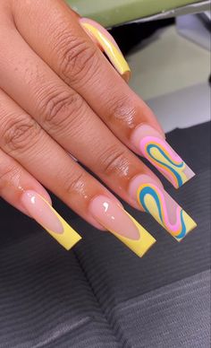 September Birthday Nails Acrylic, Long Acrylic Nails Summer 2024, 2 Design Nails, Freestyle Acrylic Nails Art Designs, Long Spring Acrylic Nails, Taper Square Acrylic Nails, Spring Nails Square Long, Vacay Nails Square, Spring Nail Sets 2024