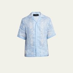 Amiri camp shirt in bandana print Camp collar Button closure Short sleeves Relaxed fit Linen/cotton Dry clean Made in Italy Blue Bandana Print Tops For Summer, Summer Short Sleeve Tops With Bandana Print, Summer Bandana Print Short Sleeve Tops, Wardrobe Sale, Travel Size Perfume, Evening Flats, Cocktail Jacket, Mens Linen, Camp Shirt