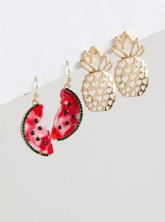 FIT Measures 1. 45” and 1. 26” long. MATERIALS + CARE Base metal. Imported. DETAILS High shine finish. . Fruit charms. . The best plus size women's fruit earring set earrings sets in multi. Trendy Summer Jewelry With Matching Earrings, Summer Multicolor Metal Hoop Earrings, Summer Fruit Design Drop Earrings, Pink Fruit Design Jewelry, Trendy Fruit Design Drop Earrings, Summer Pink Earrings With Fruit Design, Pink Fruit Design Earrings, Summer Fruit Design Earrings, Summer Pink Fruit Design Earrings