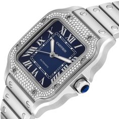 Cartier Santos Stainless Steel Diamond Blue Dial Mens Watch W4SA0006 Box Card. Automatic self-winding movement. Stainless steel case 35 mm. Protected octagonal crown set with a faceted blue synthetic spinel. Cartier original diamond set bezel punctuated with 8 signature screws. Scratch resistant sapphire crystal. Blue sunray dial with raised radial Roman numerals. Inner minute track. Luminous sword-shaped hands. Stainless steel bracelet punctuated with signature screws. Push button deployant cla Blue Diamond Chronometer Watch For Formal Occasions, Formal Blue Diamond Watch With Chronometer, Formal Blue Diamond Watch With Subdials, Blue Diamond Luxury Watch For Formal Occasions, Luxury Blue Diamond Watch For Formal Occasions, Blue Luxury Diamond Watch For Formal Occasions, Classic Blue Diamond Watch With Metal Dial, Blue Luxury Automatic Diamond Watch, Blue Classic Cartier Watch