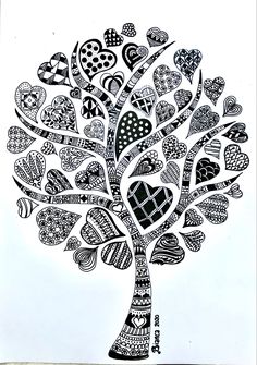 a black and white drawing of a tree with lots of hearts on it's branches