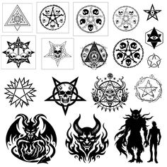 various types of tattoos and designs on a white background, including an image of the devil's head