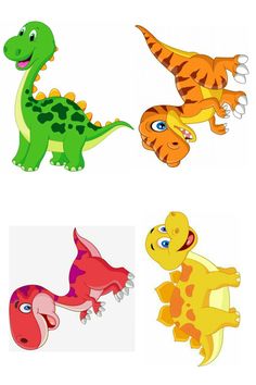 four cartoon dinosaurs with different colors and sizes