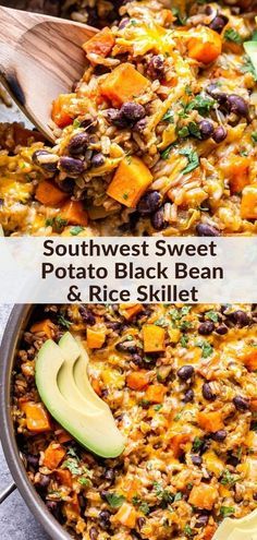 southwest sweet potato black bean and rice skillet with avocado slices on the side