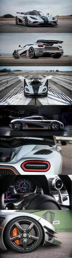 three different views of a sports car from the side, front and back with its lights on