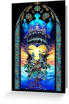 a stained glass window with an image of a castle in the sky and trees on it