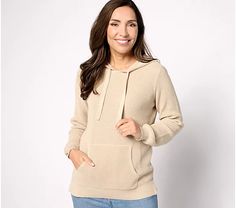 Belle by Kim Gravel Waffle Stitch Kanga Pocket Hoodie - QVC.com Waffle Knit Hoodie For Loungewear, Hooded Waffle Knit Loungewear Hoodie, Cozy Waffle Knit Sweatshirt For Winter, Cozy Waffle Knit Winter Sweatshirt, Long Sleeve Waffle Knit Hoodie For Loungewear, Casual Waffle Knit Hooded Hoodie, Fall Waffle Knit Long Sleeve Hoodie, Waffle Hoodie, Stitch Hoodie