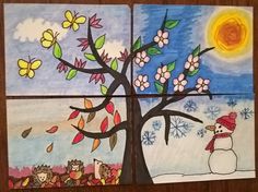 three paintings depicting snowmen and trees with flowers