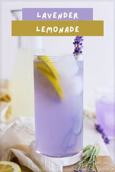 lavender lemonade in a glass on a cutting board