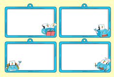 four blue frames with cartoon characters on them