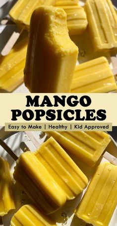 mango popsicles on a white plate with text overlay