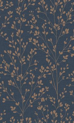 a blue and brown wallpaper with small leaves on the top of each leafy branch