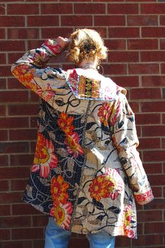 Made Of Recycled Cotton *Each Handmade One Of A Kind* 100% Cotton Pop Collar, Side Pockets One Size Total Length 38" Sleeve Length 26" Bust 16"-21" Popped Collar, Bohemian Style Clothing, Custom Dress, Patchwork Jacket, Custom Dresses, Recycled Cotton, Dahlia, Bohemian Style, Dress Making