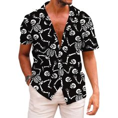 Comfortable Material: Hawaiian Shirts Are Essential Casual Wear For The Summer. Short Sleeve Mens Button Up Shirts Are Made Of Premium 95% Polyester And 5% Spandex Material, Which Is Soft, Comfortable, And Has An Excellent Touch When Worn. Multiple Sizes: Vacation Mens Shirt Come In A Variety Of Sizes, From S To 3xl. No Matter What Your Body Type Is, You Can Find A Hawaiian Shirt That Fits You Perfectly And Looks Great On You. Versatile Occasions: Our Hawaiian Shirts Are Perfect For Casual Summe Mens Button Up Shirts, Black Hawaiian Shirt, Skeleton Shirt, Men's Button Down Shirt, Mens Button Up, Mens Hawaiian Shirts, Tropical Vacation, Vacation Shirts, Branded Shirts