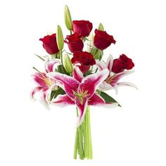 red roses and white lilies in a vase on a white background with green stems