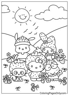 the hello kitty coloring page is full of cute little animals and their friends to color