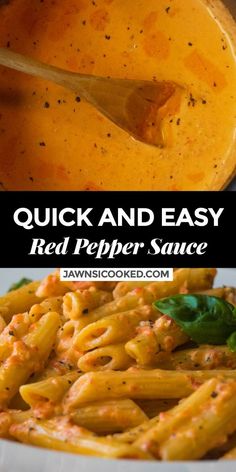 a bowl filled with red pepper sauce next to a white plate full of pasta and spinach