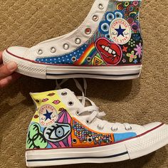 Size 8! Drawn By Me! Never Worn! Just Add Laces Of Your Own (Can Buy On Amazon For 3$) Womens! So Cool! Colored On Converse, Cute Custom Shoes, Cool Custom Shoes, Weirdcore Shoes, Cool Converse Pattern, Special Converse, Drawn On Shoes, Hippy Shoes