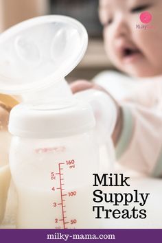 a baby holding a bottle with milk in it and the words milk supply treats written below