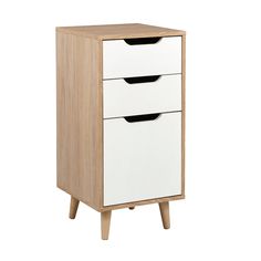 a wooden cabinet with three drawers and two black handles on the bottom, against a white background