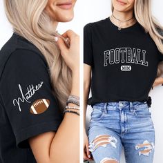 two photos of a woman wearing a football t - shirt with the word football on it