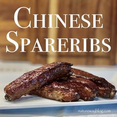 chinese spareribs on a plate with text overlay that reads, chinese spareribs