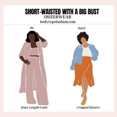 How to dress if you are short-waisted with a big bust - Fashion for Your Body Type Tailored Shorts Outfit, Pear Body Shape Outfits, Apple Body Shape Fashion, Petite Body Types, Knee Length Coat, Pear Body