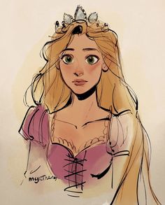 a drawing of a woman with long blonde hair wearing a pink dress and tiara