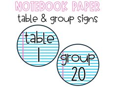 two circles with the words table and group signs on them, in pink and blue stripes